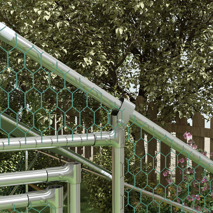 Hønsehus, fritgående indhegning til kyllinger, med uv-bestandig presenning, stålnet, automatisk foderautomat, til 6-8 kyllinger