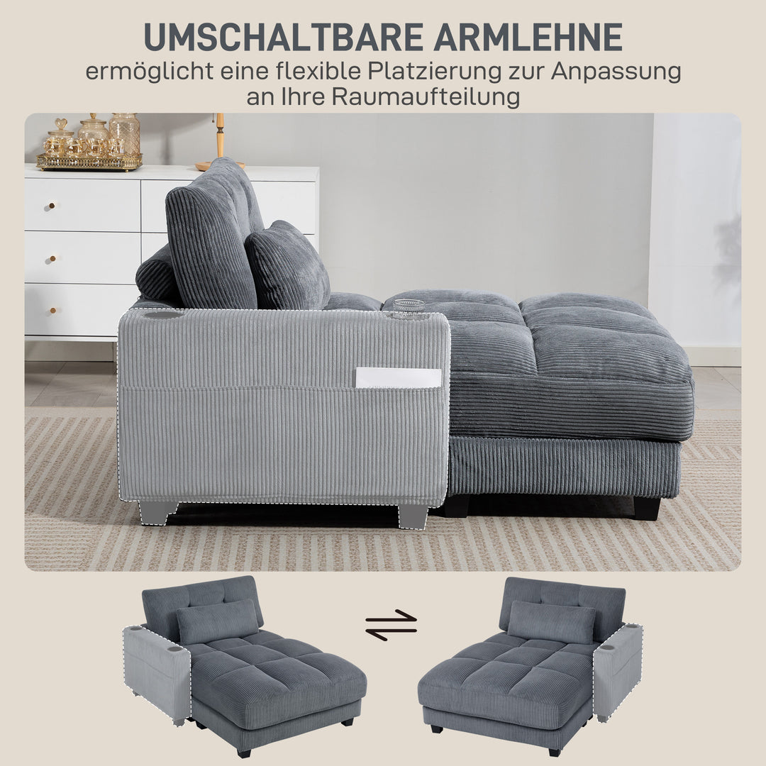Sovesofa med hynder, skum, kan laves om til en seng, kopholder, grå