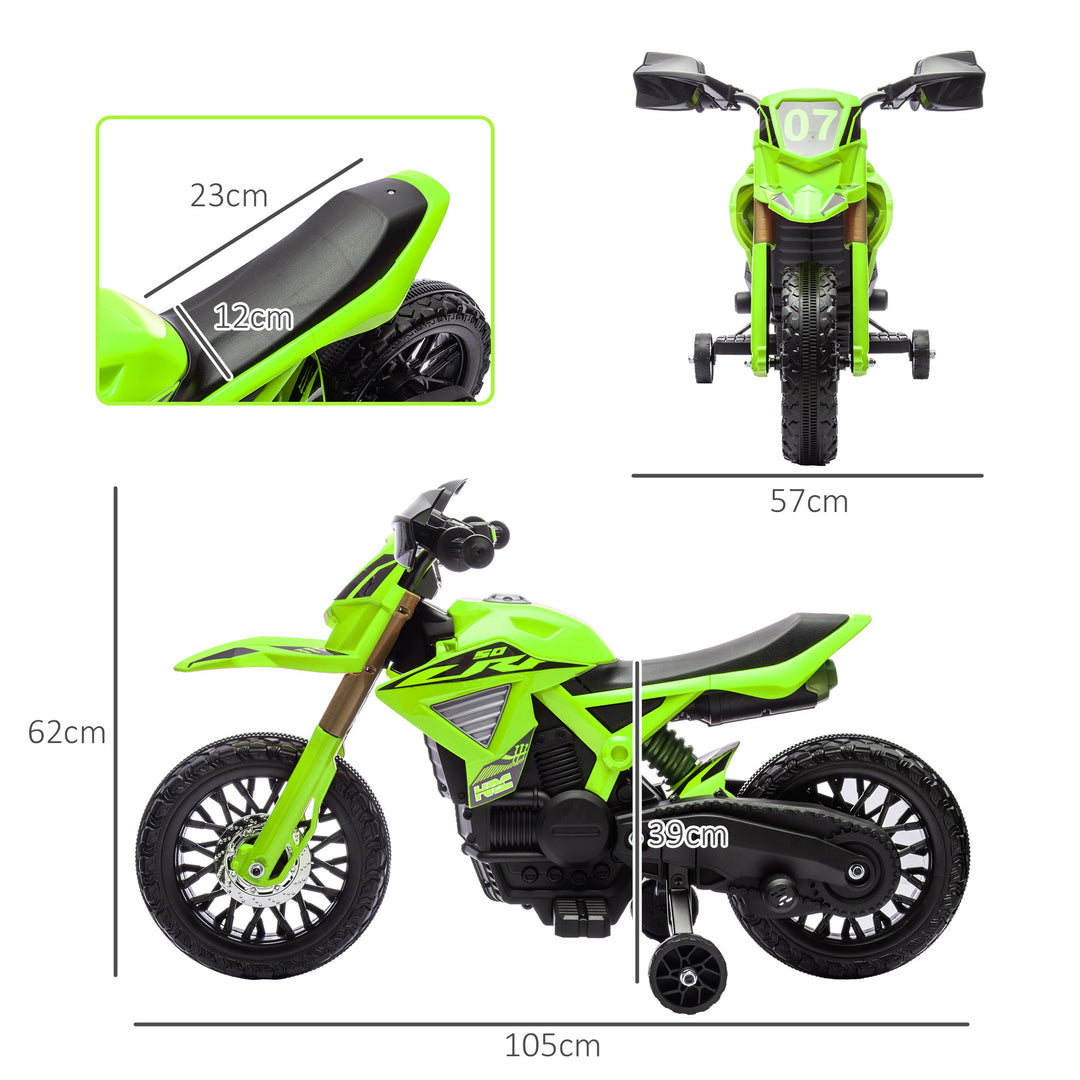 Elmotorcykel til børn, 6v batteridrevet, støttehjul, horn, startlyd, alder 3-8, grøn