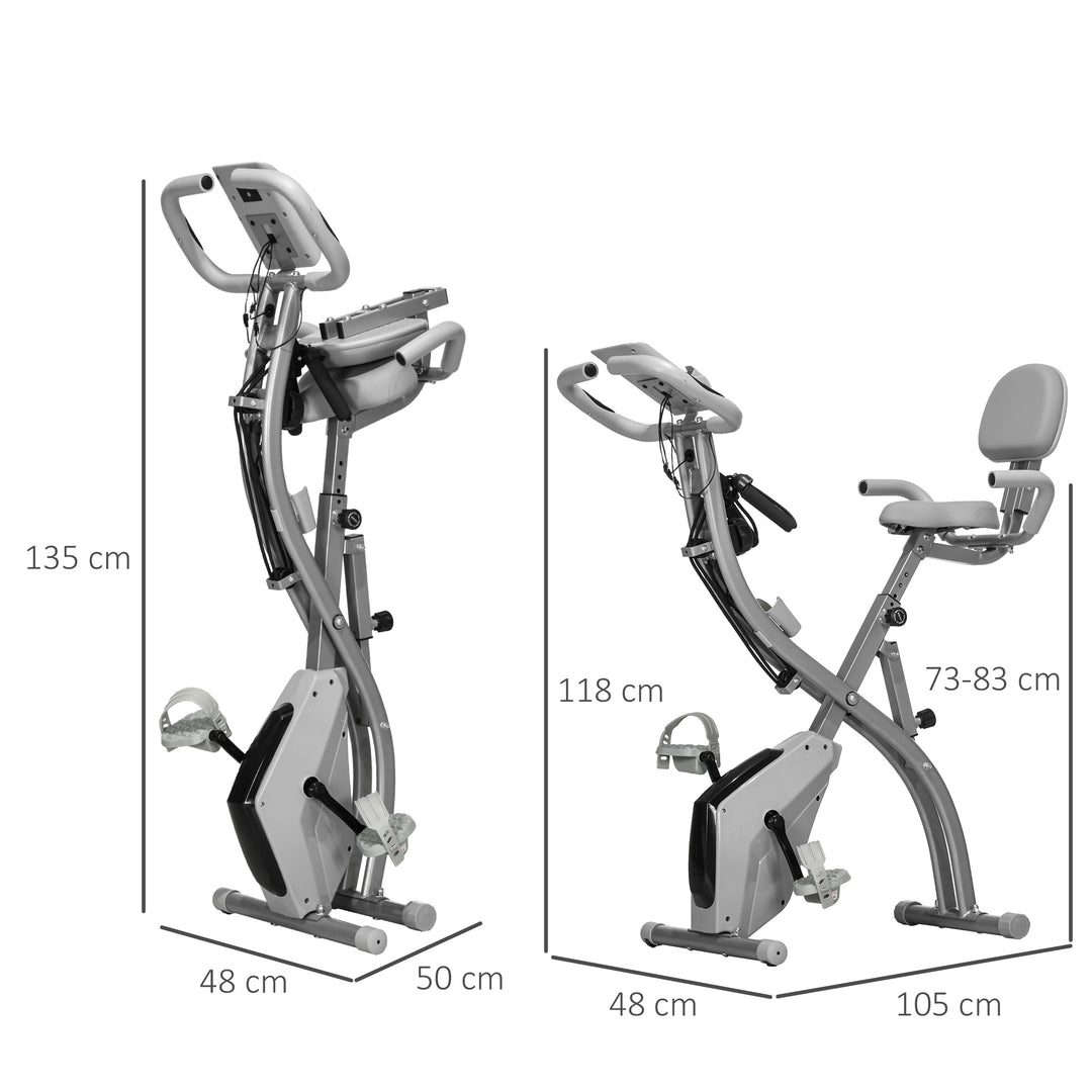 X-bike 2-i-1 motionscykel med lcd-skærm, pulsmåler, foldbar motionscykel med 8 niveauer af magnetisk modstand, 1 par spændereb, stålgrå 105 x 48 x 118 cm