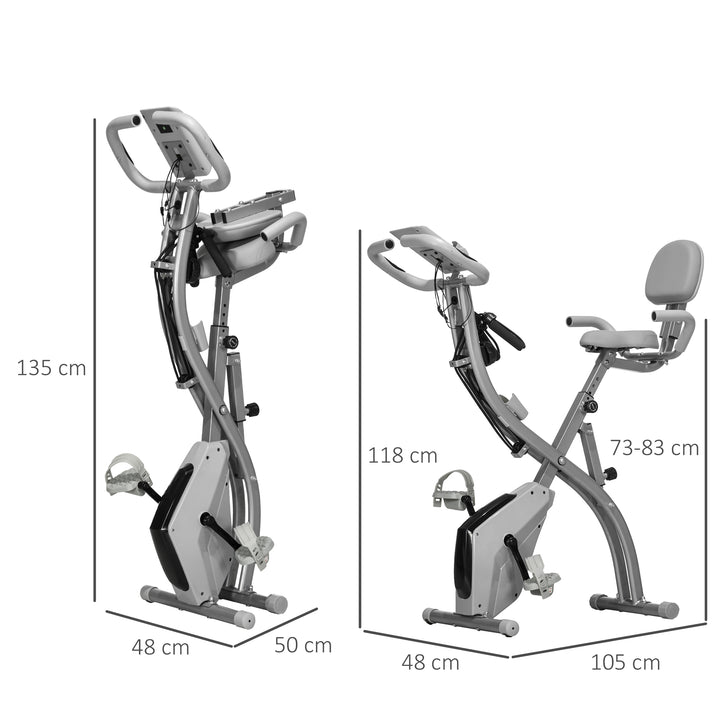 X-bike 2-i-1 motionscykel med lcd-skærm, pulsmåler, foldbar motionscykel med 8 niveauer af magnetisk modstand, 1 par spændereb, stålgrå 105 x 48 x 118 cm