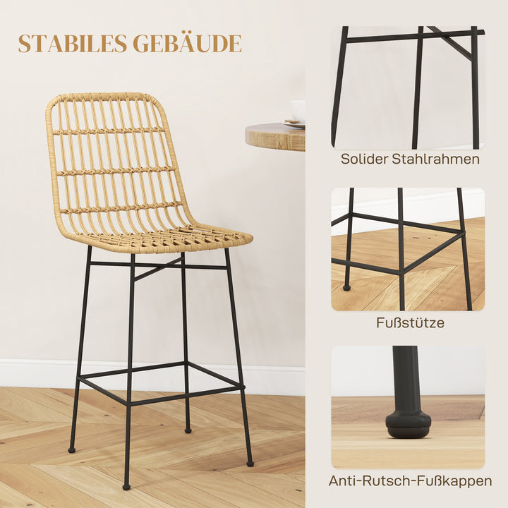 Barstol, boho-stil, pe-rattan, 45 x 53,5 x 105 cm, natur + sort