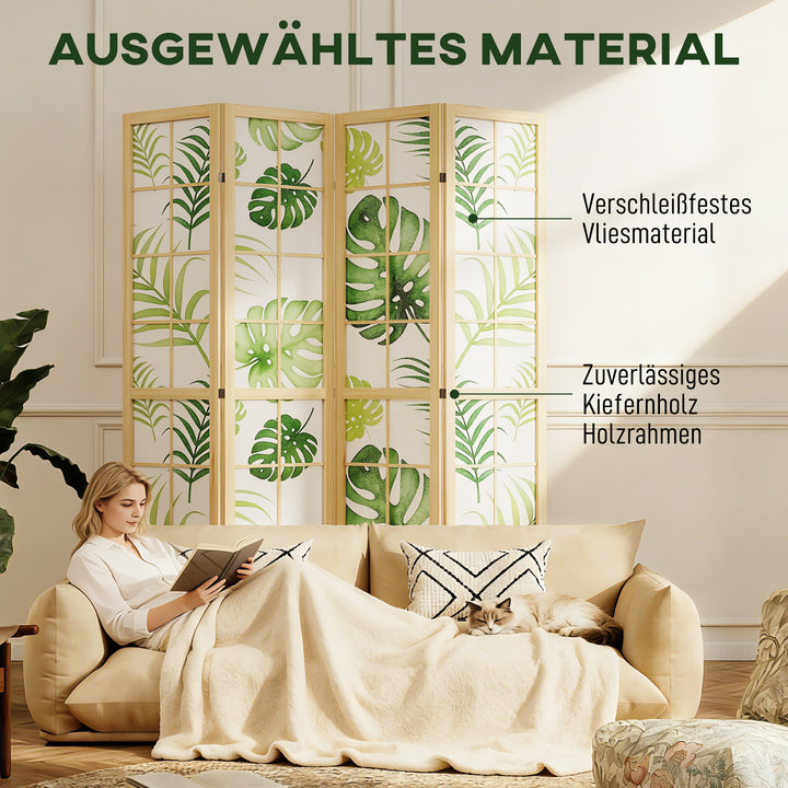 4-delt rumdeler, foldbar, boho design, tropisk motiv, fritstående rumdeler, træramme, grøn