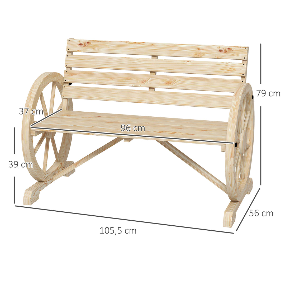 Havebænk, vognhjulsdesign, til 2 personer, naturtræ, mørkebrun, 105,5 x 56 x 79 cm, naturfarvet