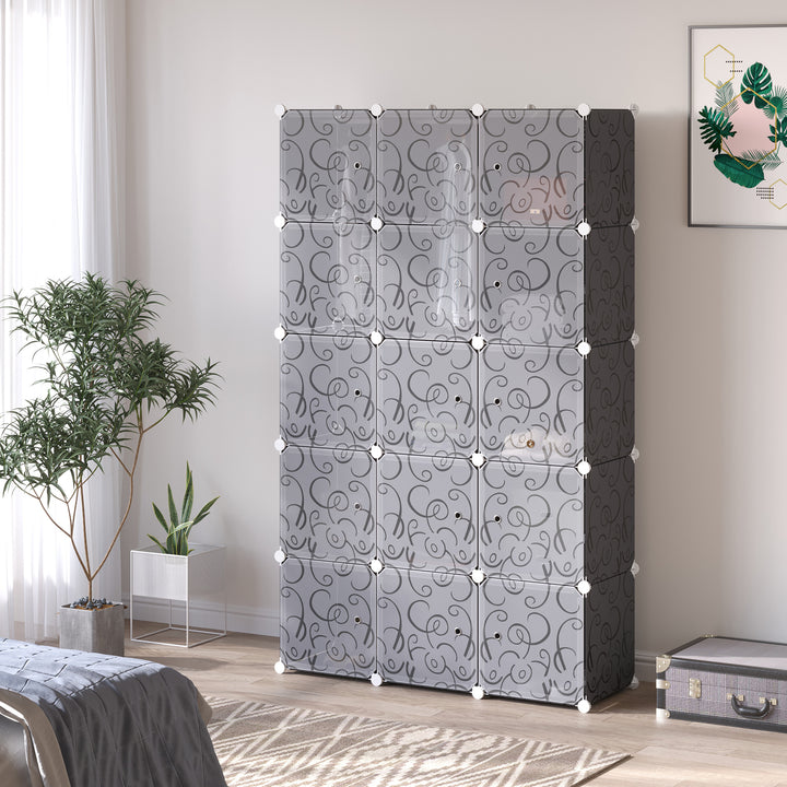 Kubegarderobe, 2 store og 9 små kuber, plastik, metal, 111l x 47b x 183h cm, sort+hvid