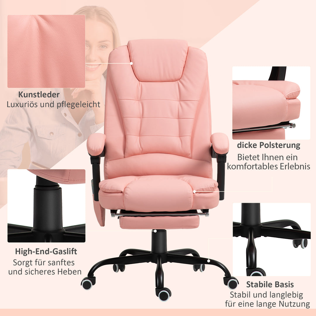Massagekontorstol, 7 vibrationspunkter, justerbar fodstøtte og ryglæn, op til 120 kg, læderlook, pink