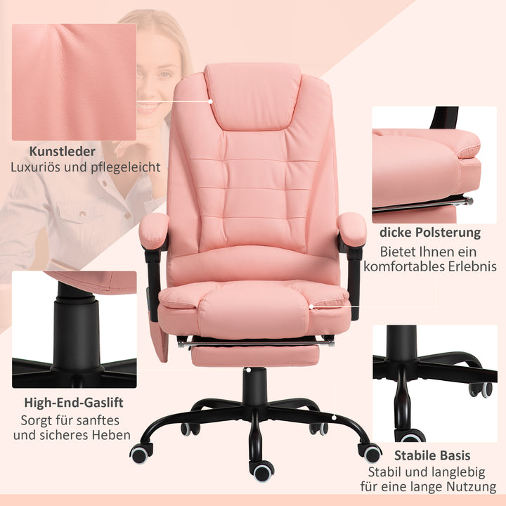 Massagekontorstol, 7 vibrationspunkter, justerbar fodstøtte og ryglæn, op til 120 kg, læderlook, pink