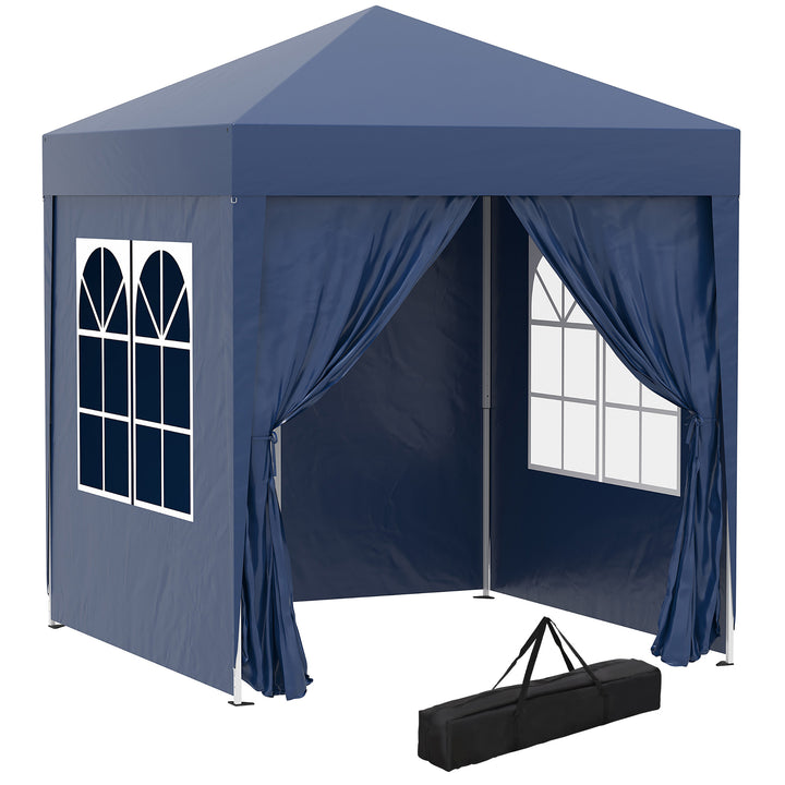 Pop-up-pavillon, øltelt, 4 aftagelige sidevægge, 2 vinduer, metalramme, 2 x 2m, blå