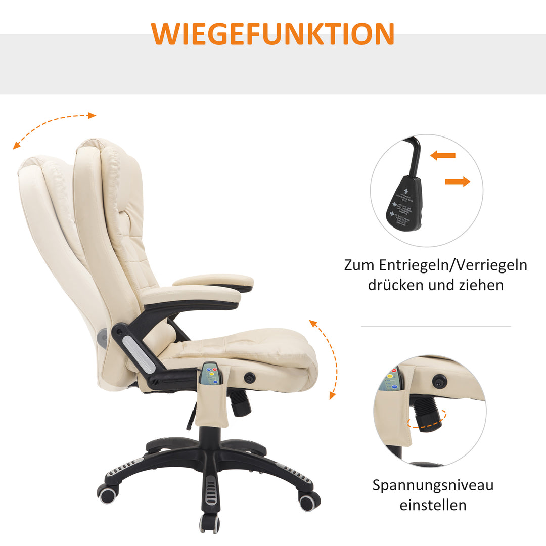 Kontorstol med massagefunktion, varmefunktion, højdejusterbar, vippefunktion, massage kontorstol, cremehvid + sort