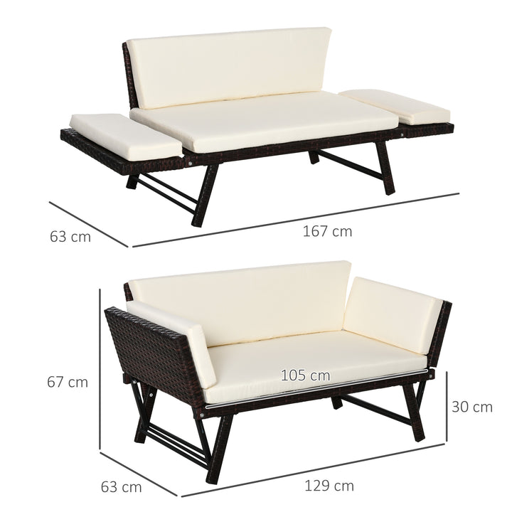 Polyrattan havesofa, 2-personers, havemøbler, loungesofa, havebænk, havelænestol, foldbar, armlæn i stål, brun, 129 x 63 x 67 cm