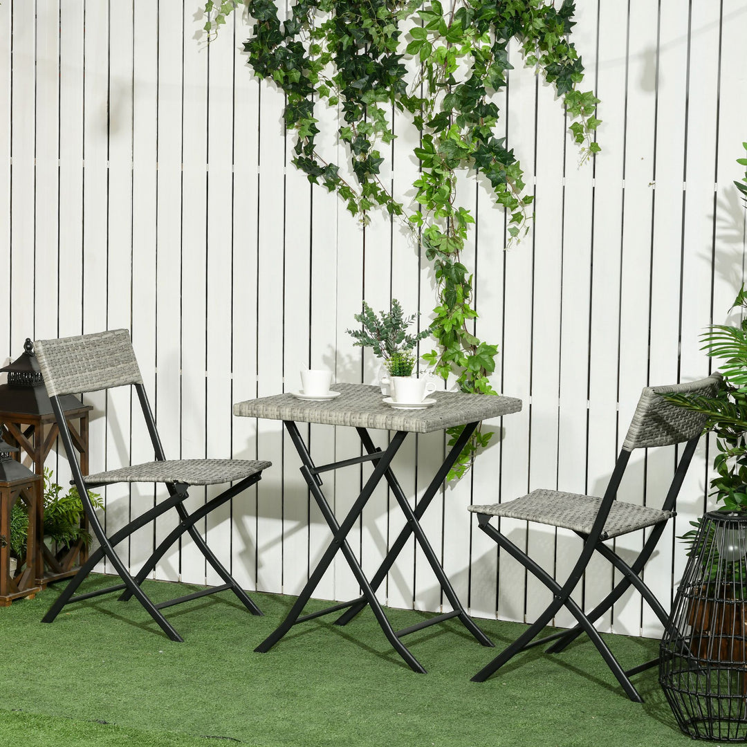 3-Delt havemøbelsæt, 2 klapstole, 1 klapbord, rattan-look, metalstel, lysegrå