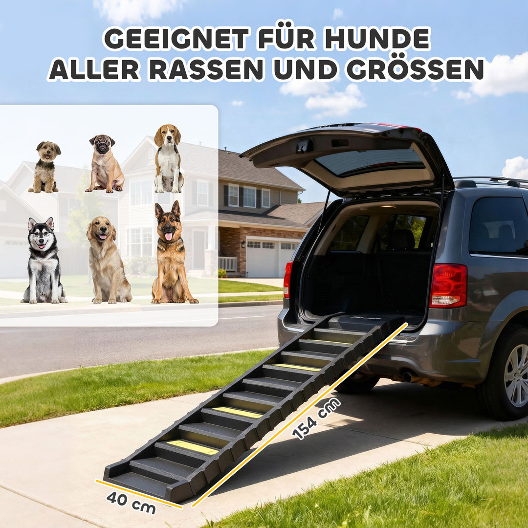 Sammenklappelig hundebakke, hundetrappe til biler og SUV'er, skridsikker hundebilrampe til store og små dyr op til 68 kg, 154x40 cm, sort