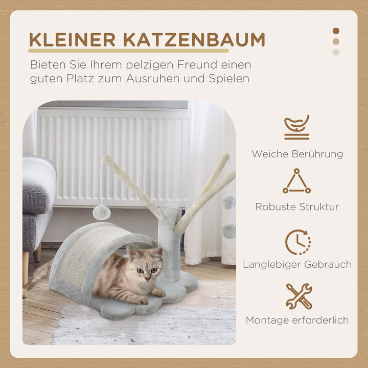 Kradsetræ 40 cm, lille kattetårn med hule, 2 legebolde, kradsemåtte, kradsetræ til katte, klatretræ, til små og store katte, lysegrå
