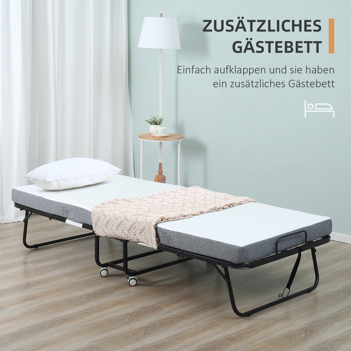 Gæsteseng sammenklappelig seng med hjul stål+skum hvid+sort 200 x 80 x 42,5 cm