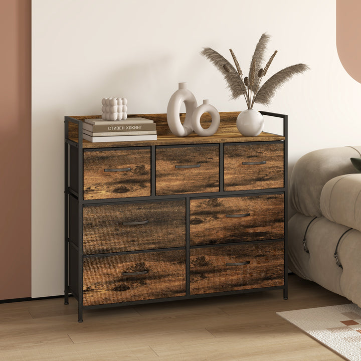 Kommode, skænk med 7 stofskuffer, industrielt design, stålstel, 98 x 29 x 85 cm, brun/sort