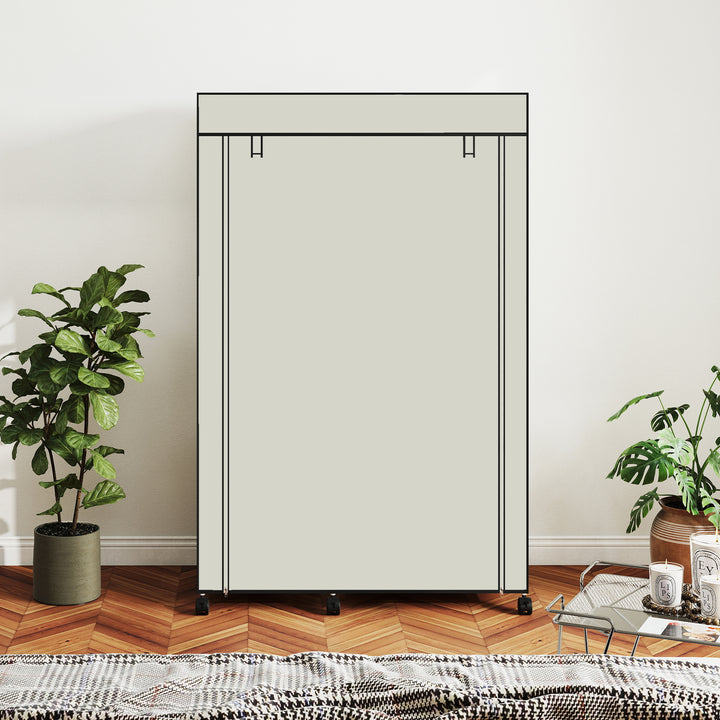 Stofgarderobe, opbevaringsløsning, 6 hylder, 1 garderobestang, cremefarvet