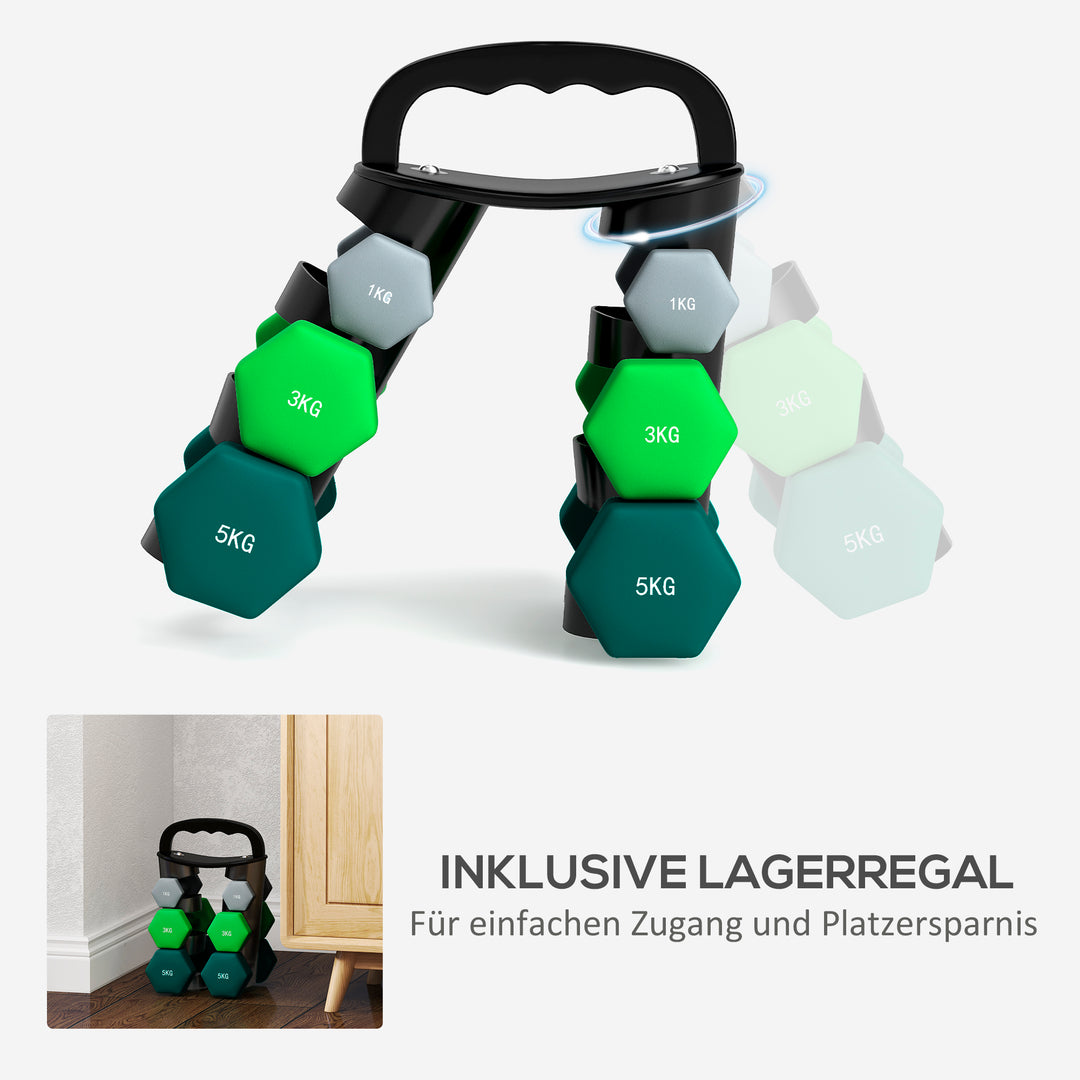 Håndvægtsæt med opbevaringsstativ, sæt med 6 håndvægte til fitnesstræning, 2 x 1 kg, 2 x 3 kg, 2 x 5 kg