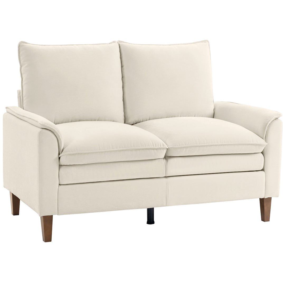 146 cm to-personers sofa, chenille sofa med dobbeltbetræk, fjerhynder, dybt sæde, højt ryglæn, cremefarvet