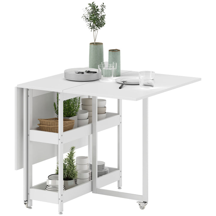 Foldbart spisebord i industrielt design, til op til 4 personer, åbne hylder, fleksibelt, metal, spånplade, hvid