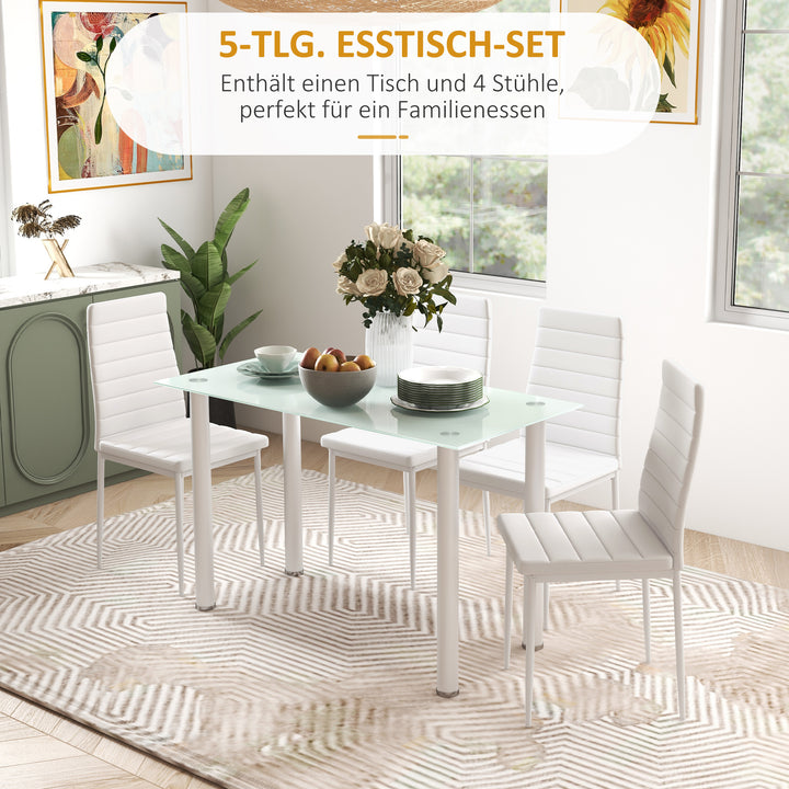5-delt spisebordssæt, siddegruppe, spisebord med 4 stole, moderne design, glasbord, hvid