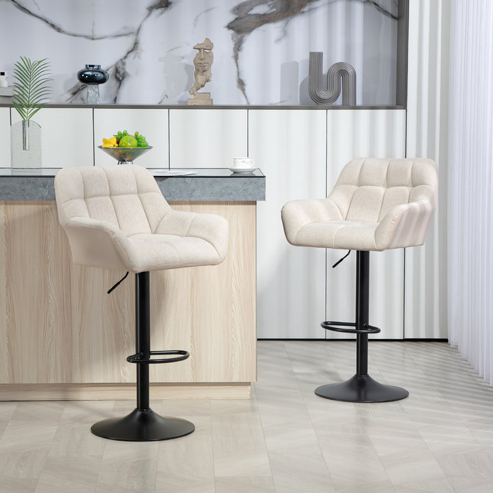 Barstolsæt med 2, retro design, højdejusterbar, kunstlæder, linnedlook, creme + sort