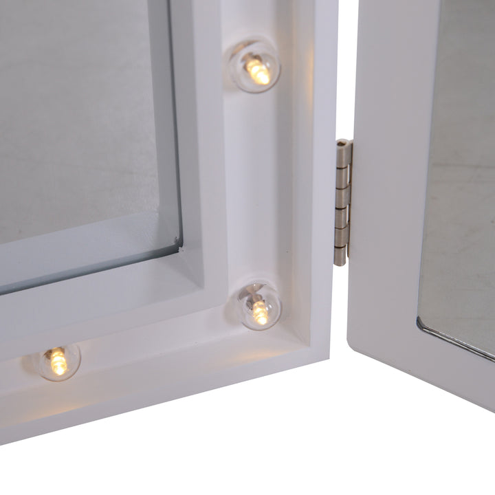 Kosmetikspejl makeupspejl 16 x led-belysning fritstående 180° foldbart batteridrevet hvid 3 spejle 73 x 53,5 x 4,5 cm