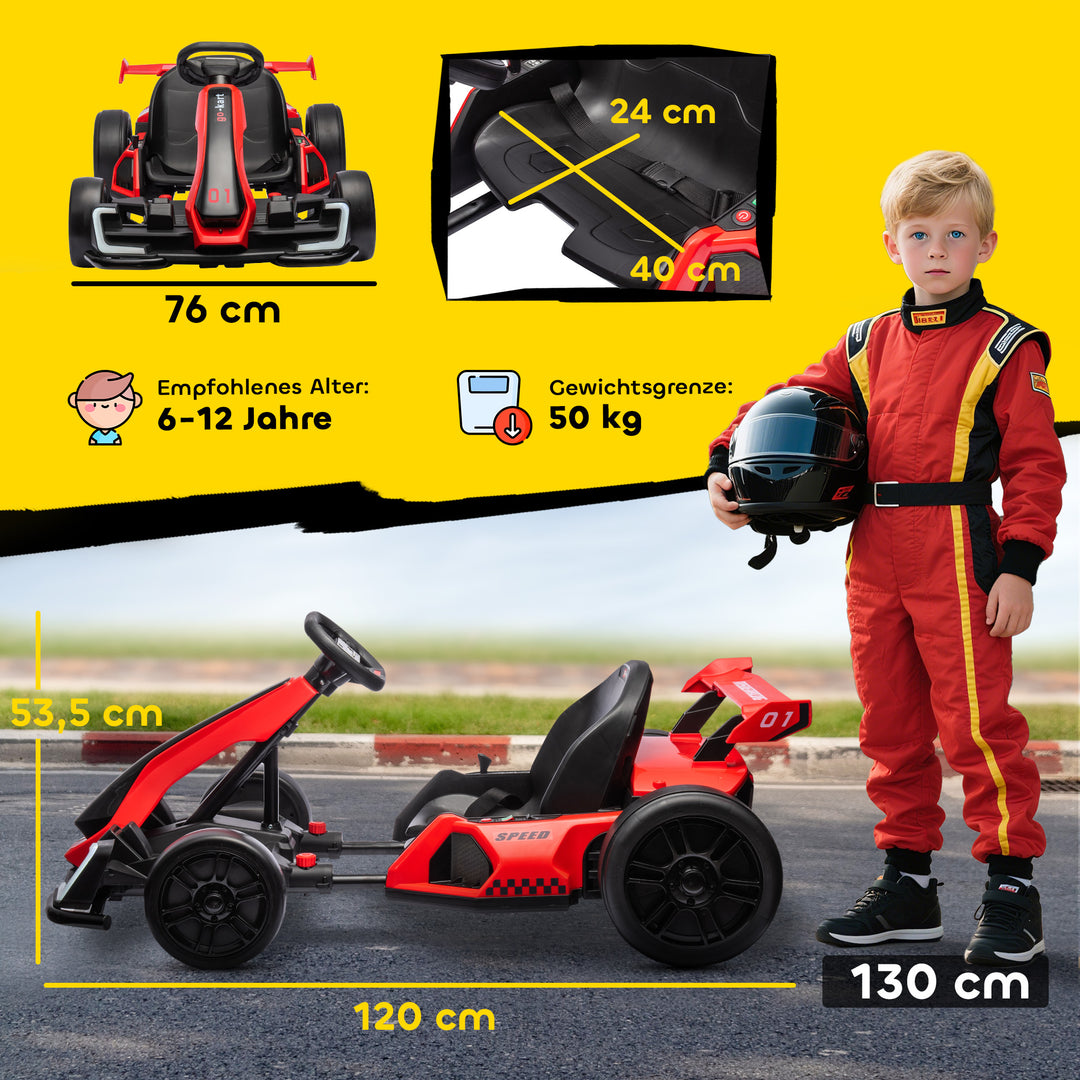 Gokart til børn, elektrisk kart med horn og musikfunktion, justerbart sæde, op til 12 km/t, plastik, metal, rød