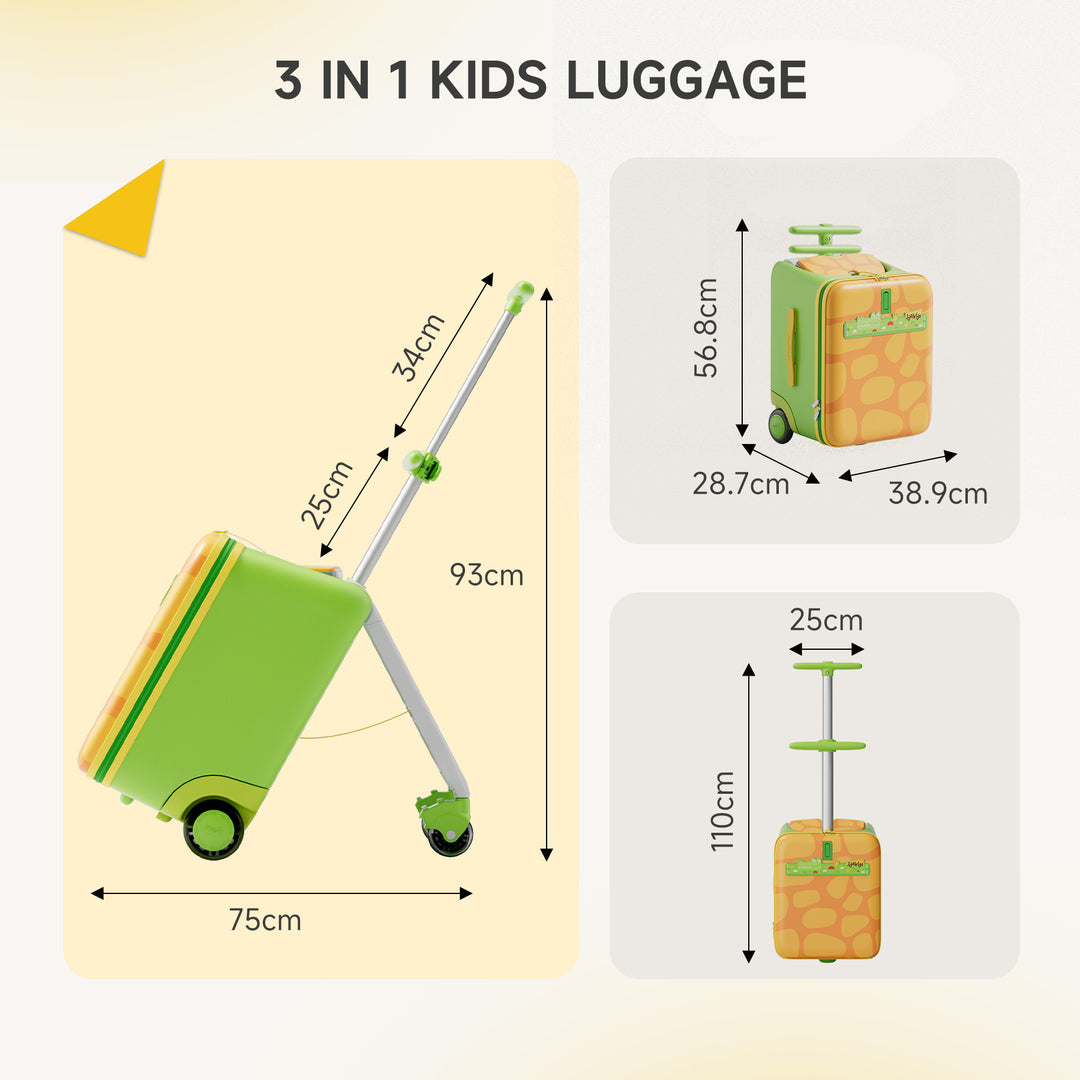 Jovikids JOYRIDE børnekuffert, 3-i-1 rejsetaske med universalhjul til rejser, armlæn til børn fra 3 år og opefter, 38L trolley håndbagage (grøn)