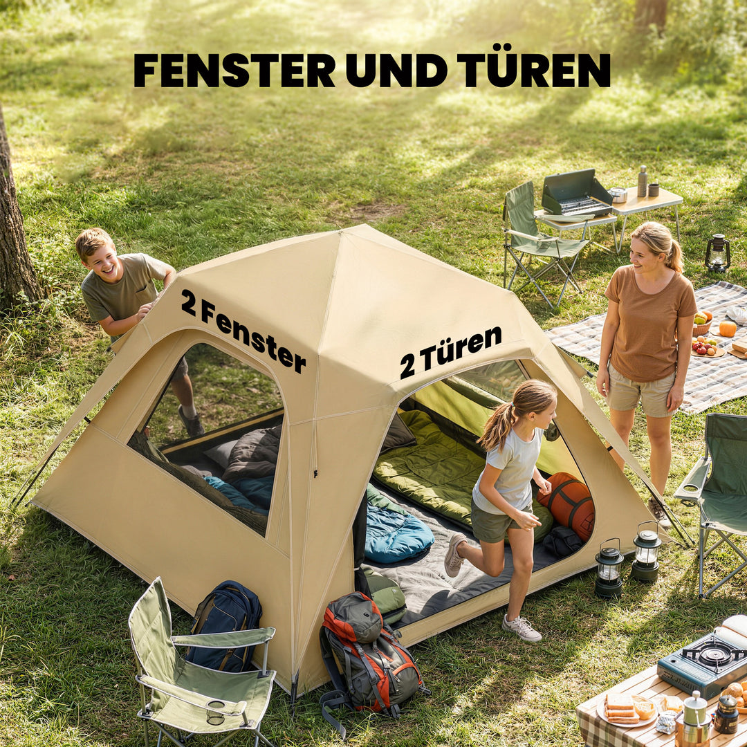Pop-up-telt med regnslag, vandtæt kuppeltelt til 2-3 personer med 2 døre og 2 vinduer, 240x240x160 cm, khaki