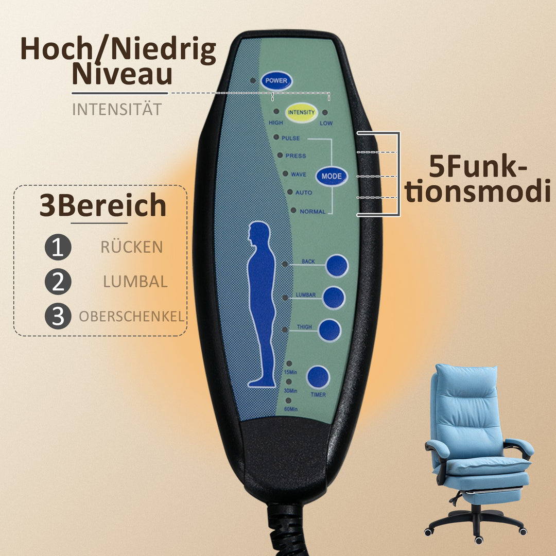 Massagekontorstol, skrivebordsstol med massagefunktion, højdejusterbar, ergonomisk drejestol, nylon, blå