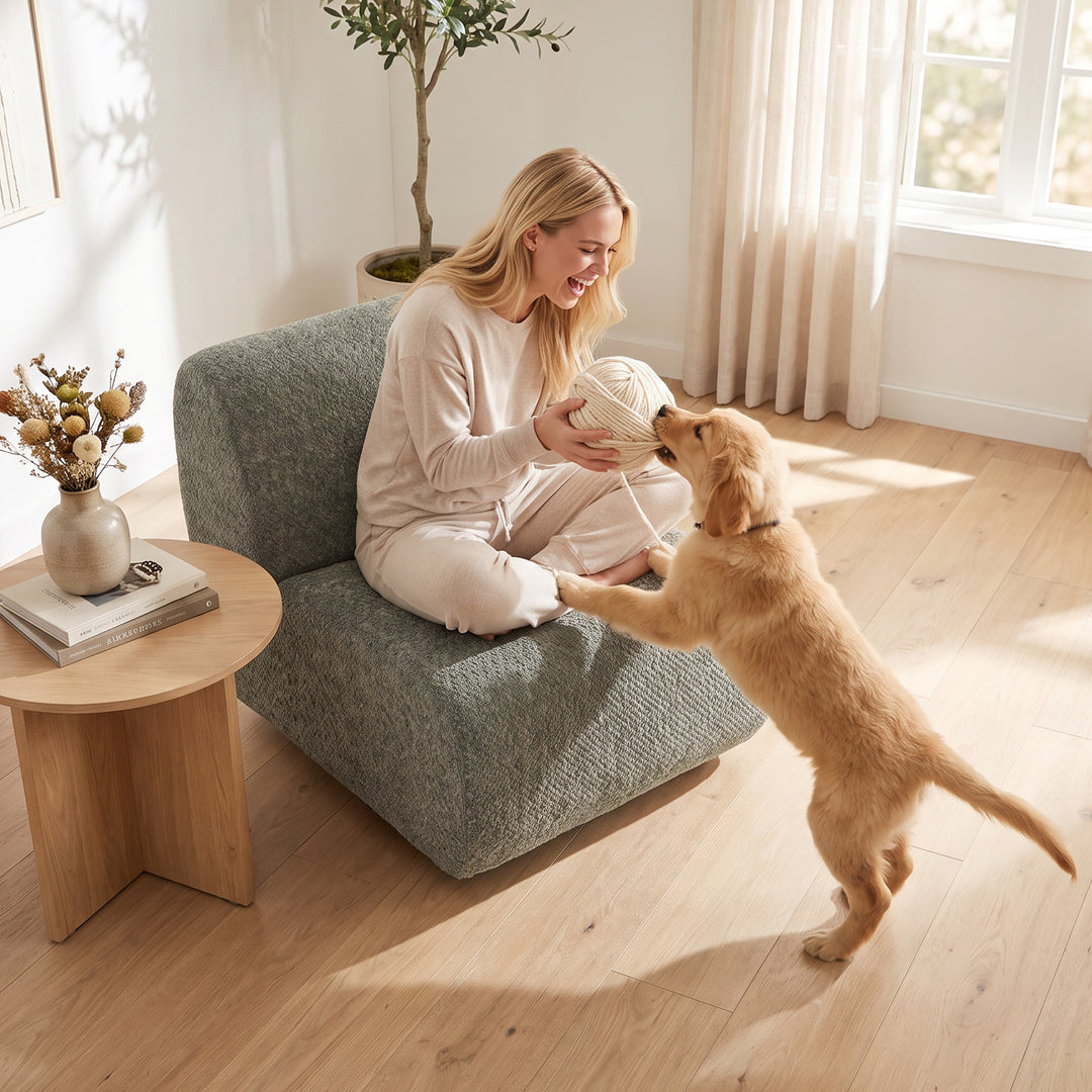 Drejelig loungestol med chenille-look, bredt sæde