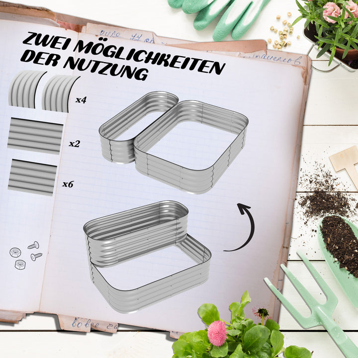 Højbed i metal, 2 niveauer, vejrbestandig, åben bund, 120 x 90 x 30 cm, farve: sølv