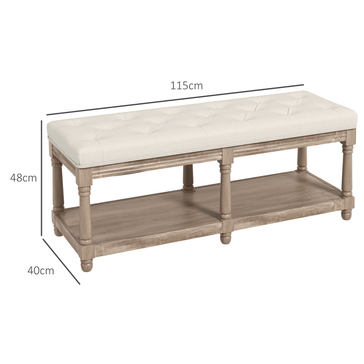 Bænk med opbevaring, vintage design, knapsøm, gummitræ, 115x40x48cm, cremehvid
