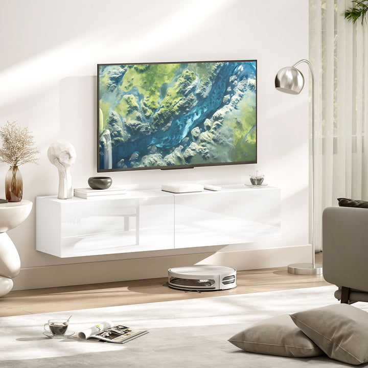 Vægmonteret tv-skab, svævende tv-bord med masser af opbevaringsplads, spånplade, hvid