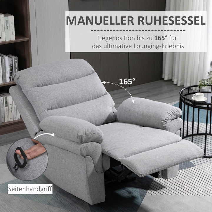 Afslapningsstol med lænefunktion, enkeltsofa, justerbar lænestol, 165° vipning, lænestol, tv-stol til stue, soveværelse, linned touch, lysegrå, 91 x 92 x 102 cm