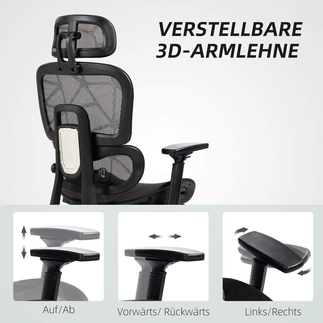 Kontorstol, ergonomisk skrivebordsstol med netbetræk, justerbar, rullbar, med armlæn, nakkestøtte, sort