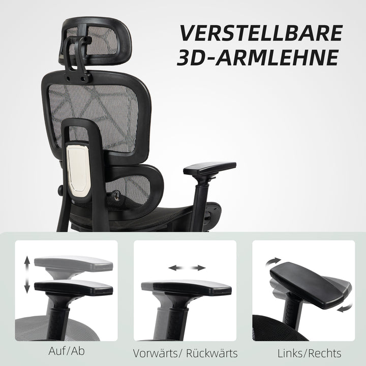 Kontorstol, ergonomisk skrivebordsstol med netbetræk, justerbar, rullbar, med armlæn, nakkestøtte, sort