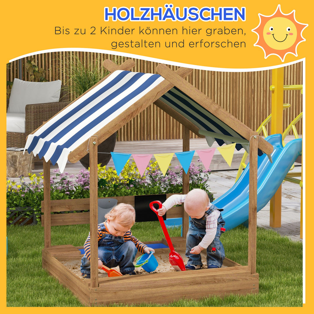 Sandkasse med solskærm, legehusdesign, med legetøjssæt, behandlet massivt træ, 124 x 116 x 146 cm, brun