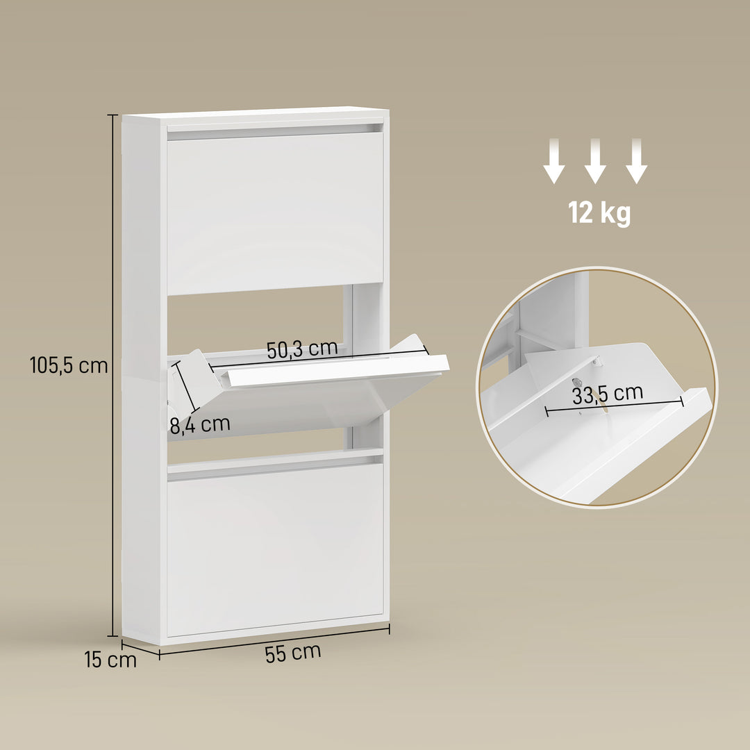 Metalskoskab med 3 nedfældbare rum, smalt skoskab, vægmonteret, til 6 par sko, hvid