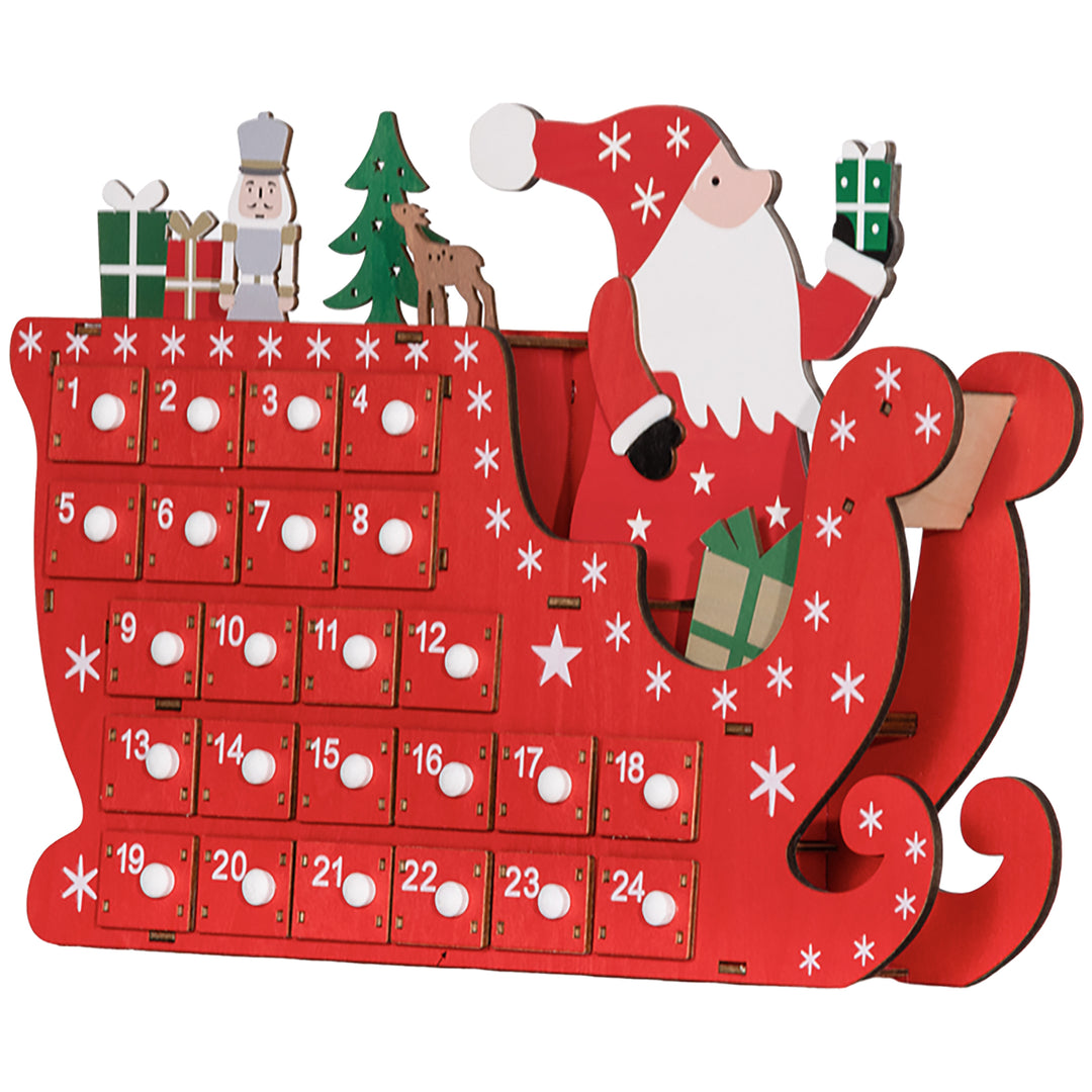 Julekalender julemanden med kane, 24 rum, genanvendelig, 22,5 x 8 x 36 cm, rød
