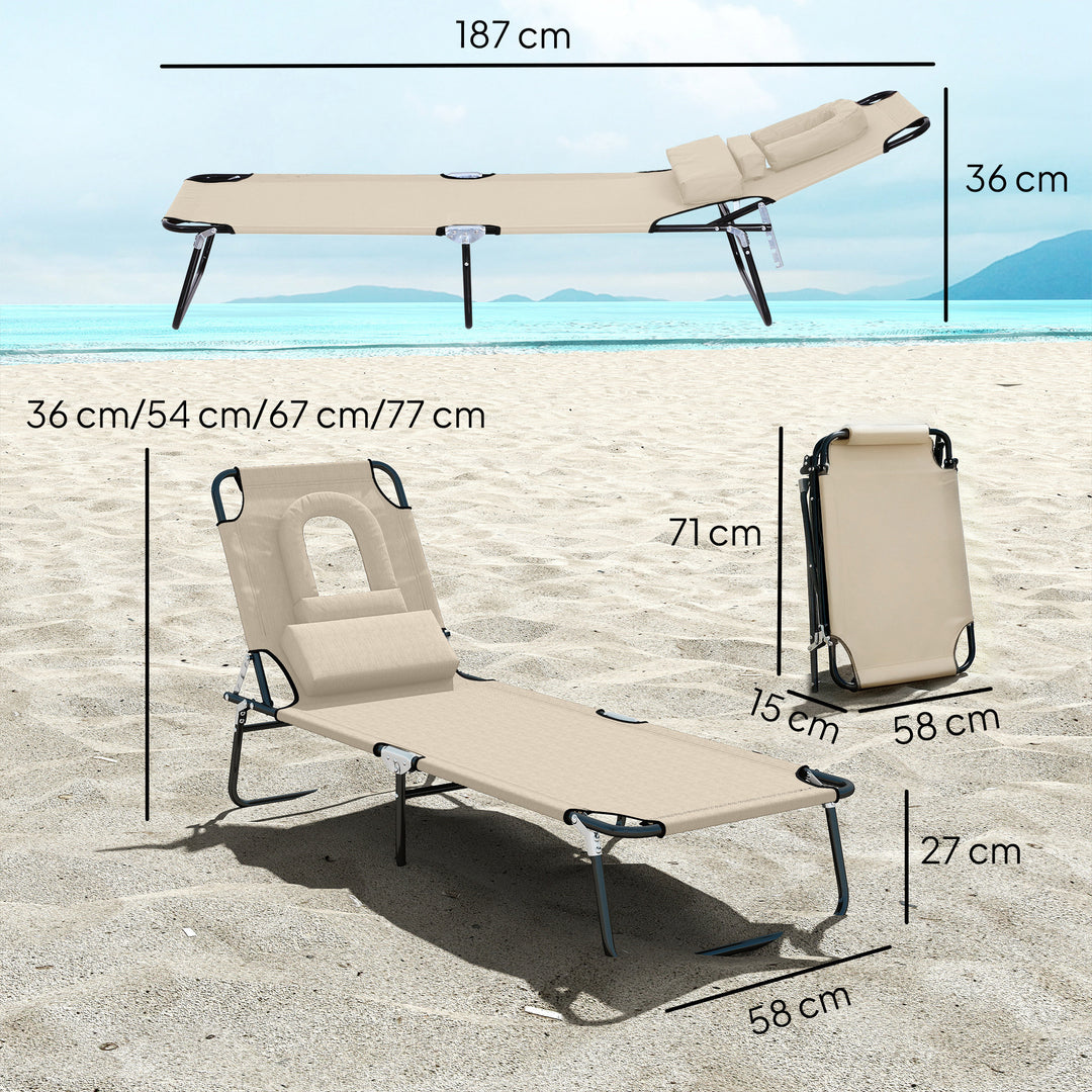 Solseng med hul til ansigtet og hynde, foldbar, vandafvisende betræk, metalstel, beige