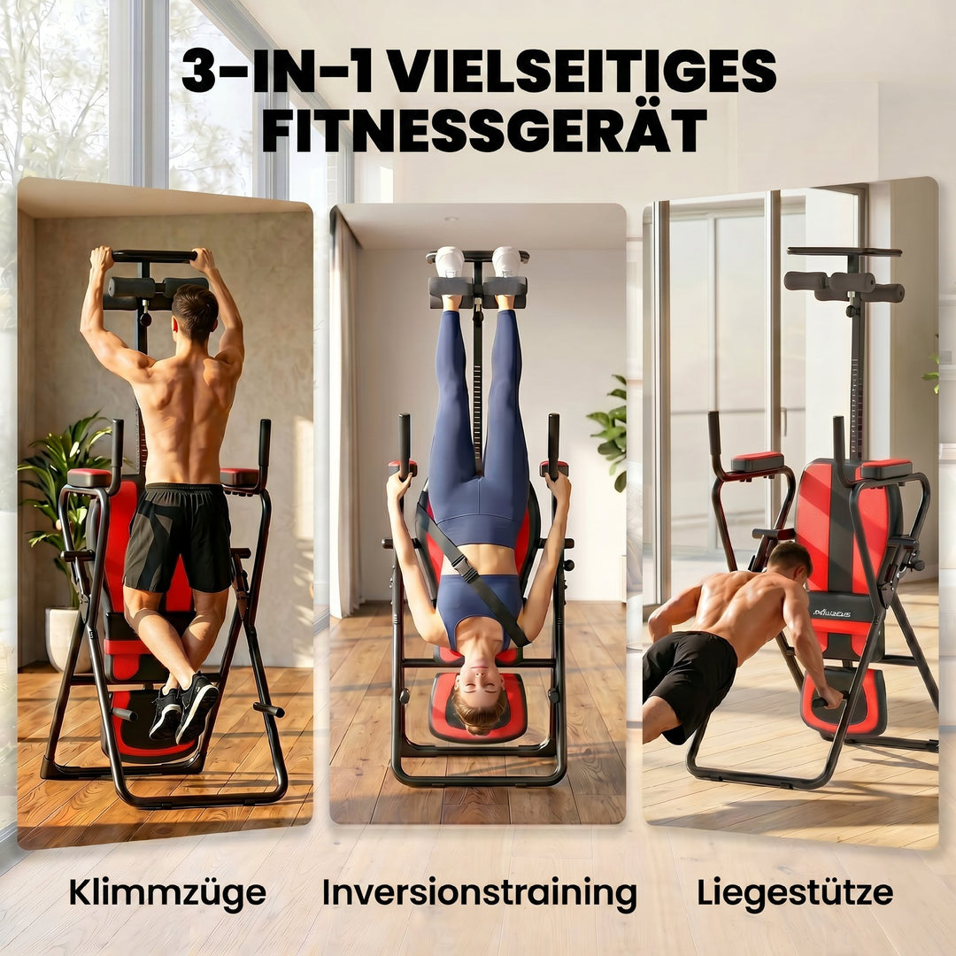 3-i-1 inversionsbord med 3 inversionsvinkler, push-up og pull-up stænger, nakkestøtte