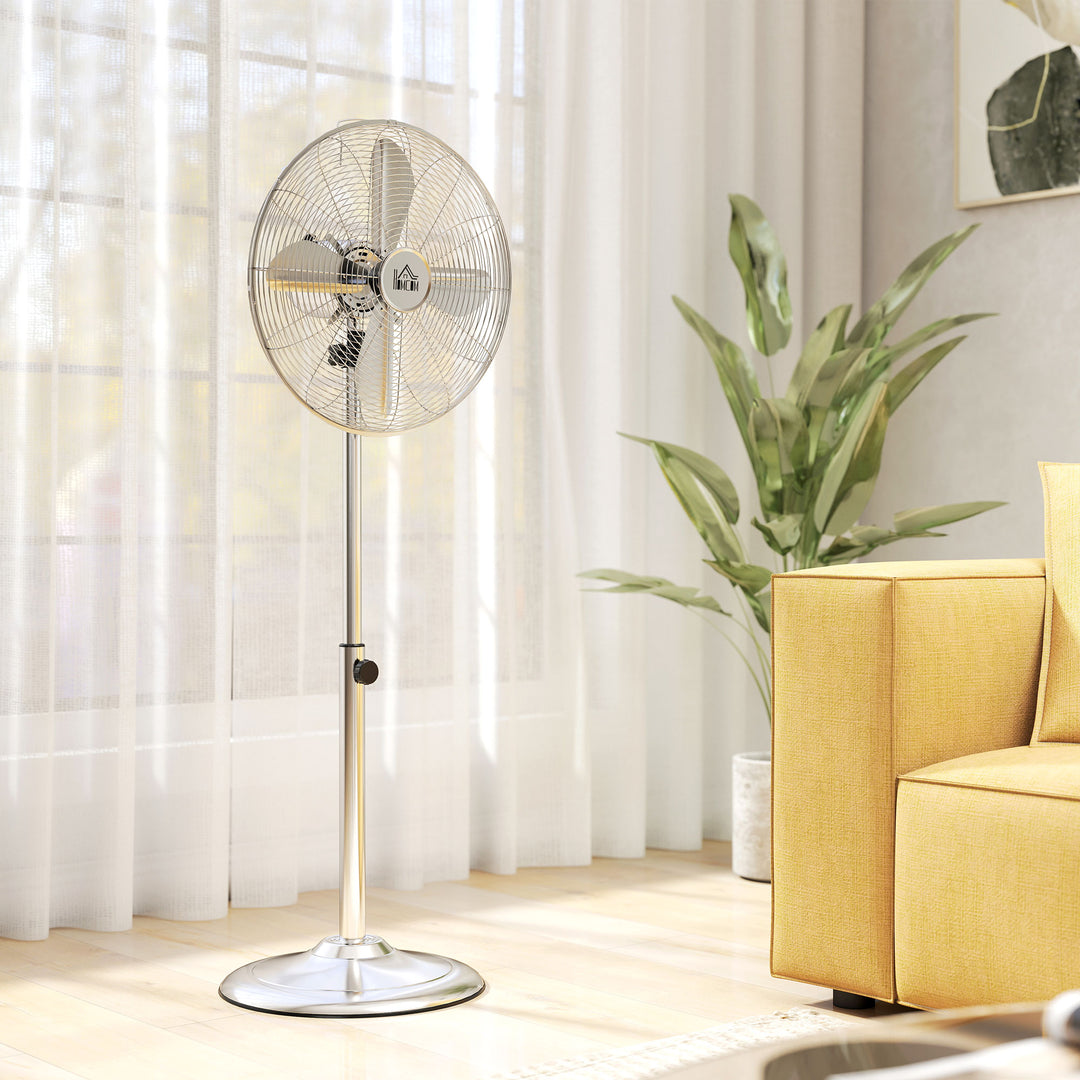 120 cm standerventilator, højdejusterbar ventilator, 3 hastighedsindstillinger, justerbar hældningsvinkel, stål, sølv