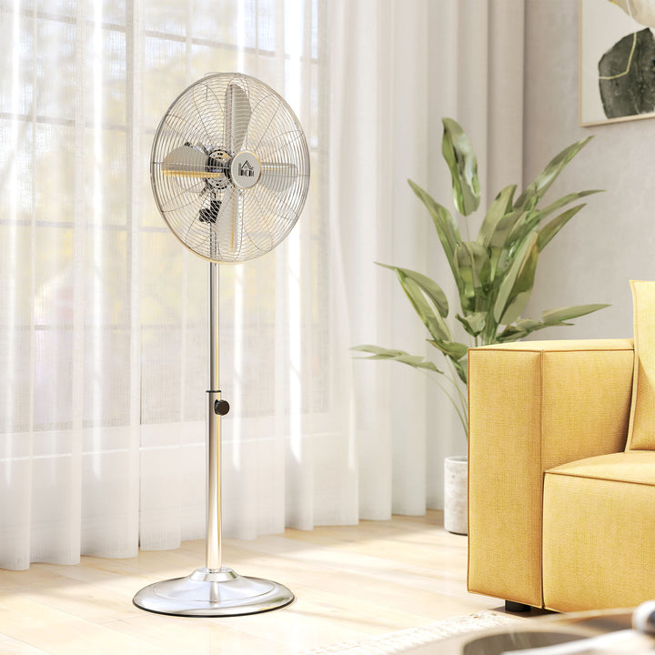 120 cm standerventilator, højdejusterbar ventilator, 3 hastighedsindstillinger, justerbar hældningsvinkel, stål, sølv