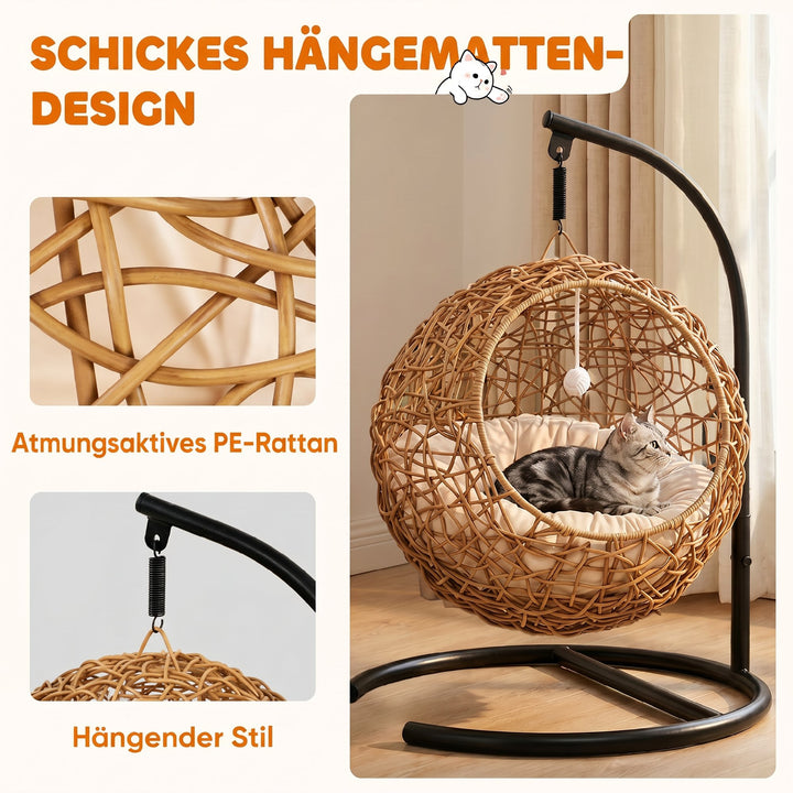 Rattan katteseng, kattehule med vaskbar hynde og legebold, til katte op til 10 kg, 45 x 41 x 75 cm, lysebrun