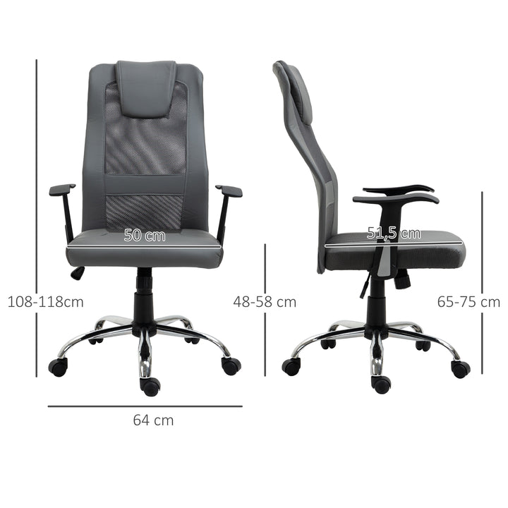 Kontorstol, drejestol, højdejusterbar chefstol, ergonomisk skrivebordsstol, kunstlæder, grå, 66 x 73 x 108-118 cm