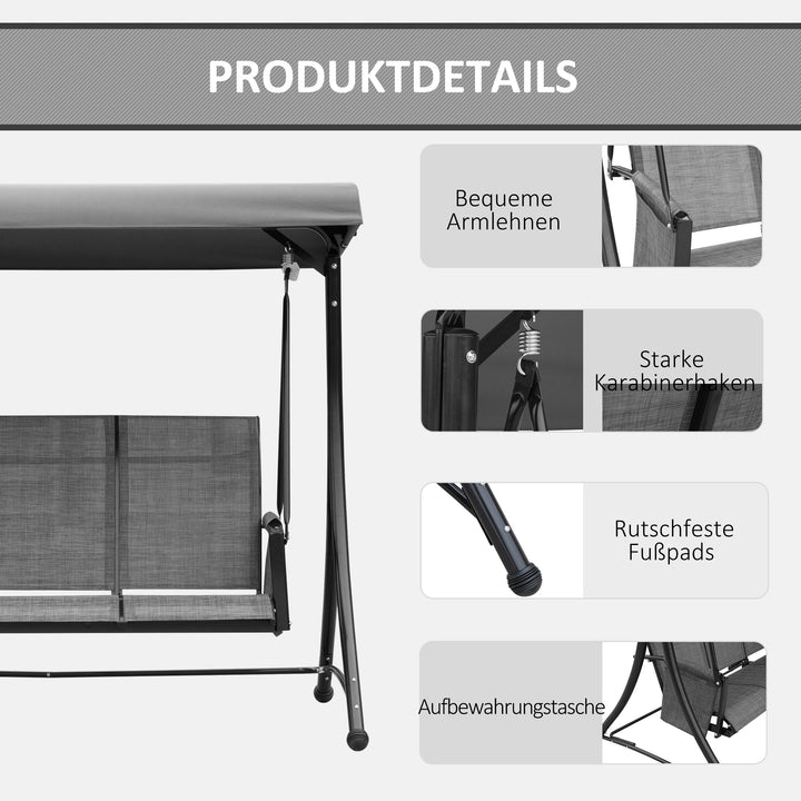 Hollywood-gynge med sidelomme, 3-personers havegynge med justerbar solskærm, gyngebænks bæreevne op til 300 kg, til have, terrasse, 196 x 128 x 172 cm, mørkegrå