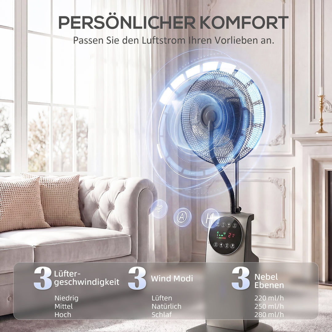 Dugblæser med fjernbetjening, piedestalblæser med vandtåge, 70° oscillation, 3 hastigheder, 3 tilstande, 3,1L vandtank