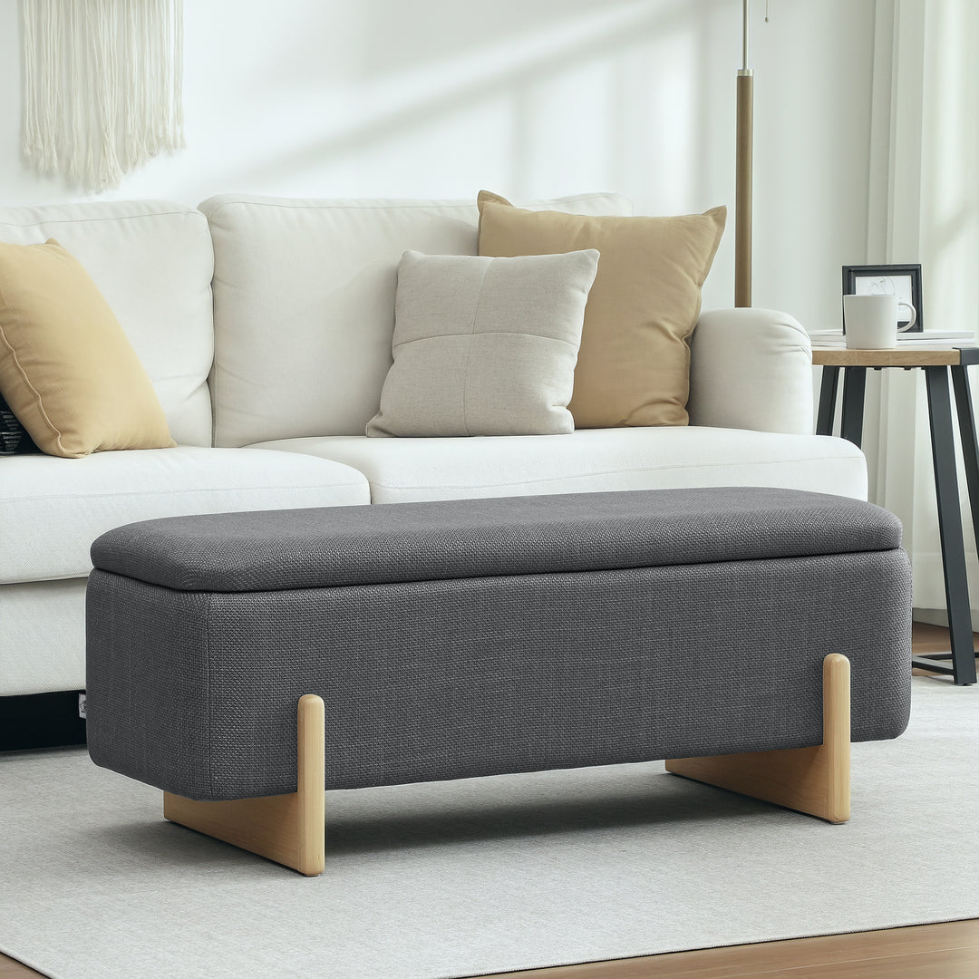 Opbevaringsskammel, skumpolstret sæde, linnedlook, 111 x 44 x 44,5 cm, mørkegrå