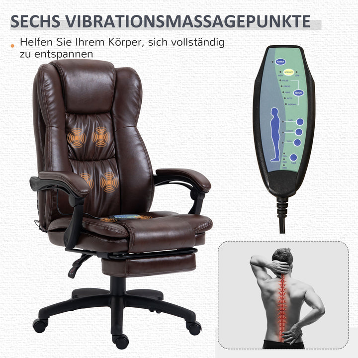 Justerbar drejestol med fodstøtte, nakkestøtte, massagefunktion, kunstlæder, 68,5 x 68,5 x 113-121 cm, brun